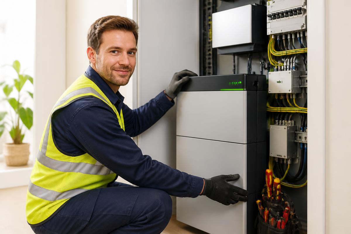 Elektromonteur installeert een thuisbatterij bij een klant thuis