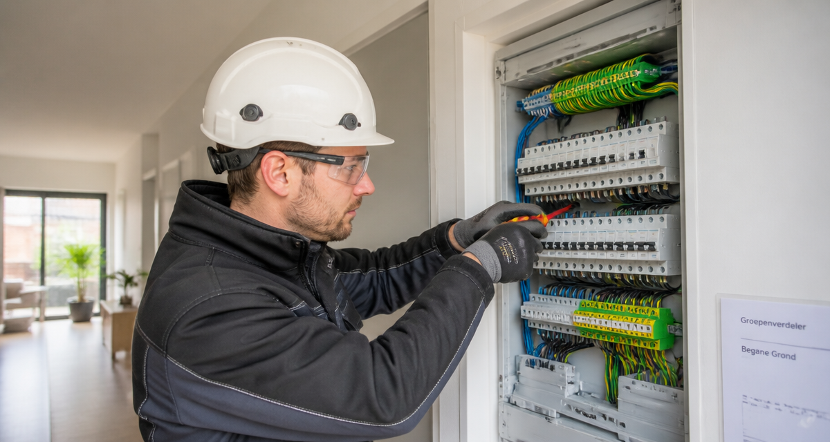 Gecertificeerde elektromonteur aan het werk in een moderne woning